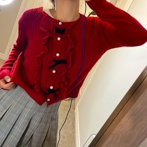 Christmas top cardigans sweater red with black tie and pearl Fits Small n Medium